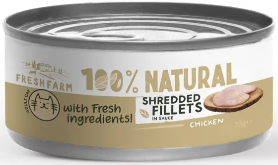 Φωτογραφία προϊόντος: Fresh Farm Πλήρης υγρή τροφή για ενήλικες γάτες με τεμαχισμένα φιλέτα κοτόπουλου σε σάλτσα 70gr FRESH FARM (2069280)