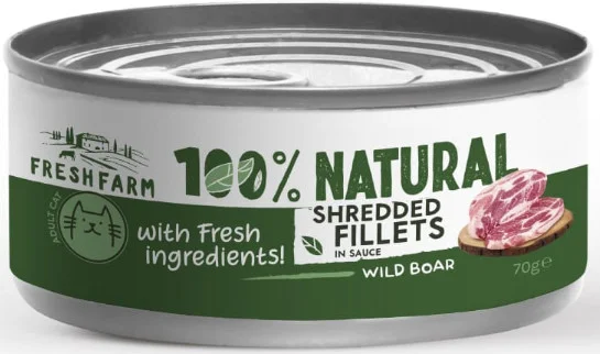 Φωτογραφία προϊόντος: Fresh Farm Πλήρης υγρή τροφή για ενήλικες γάτες με τεμαχισμένα φιλέτα αγριόχοιρου σε σάλτσα 70gr FRESH FARM (2069284)
