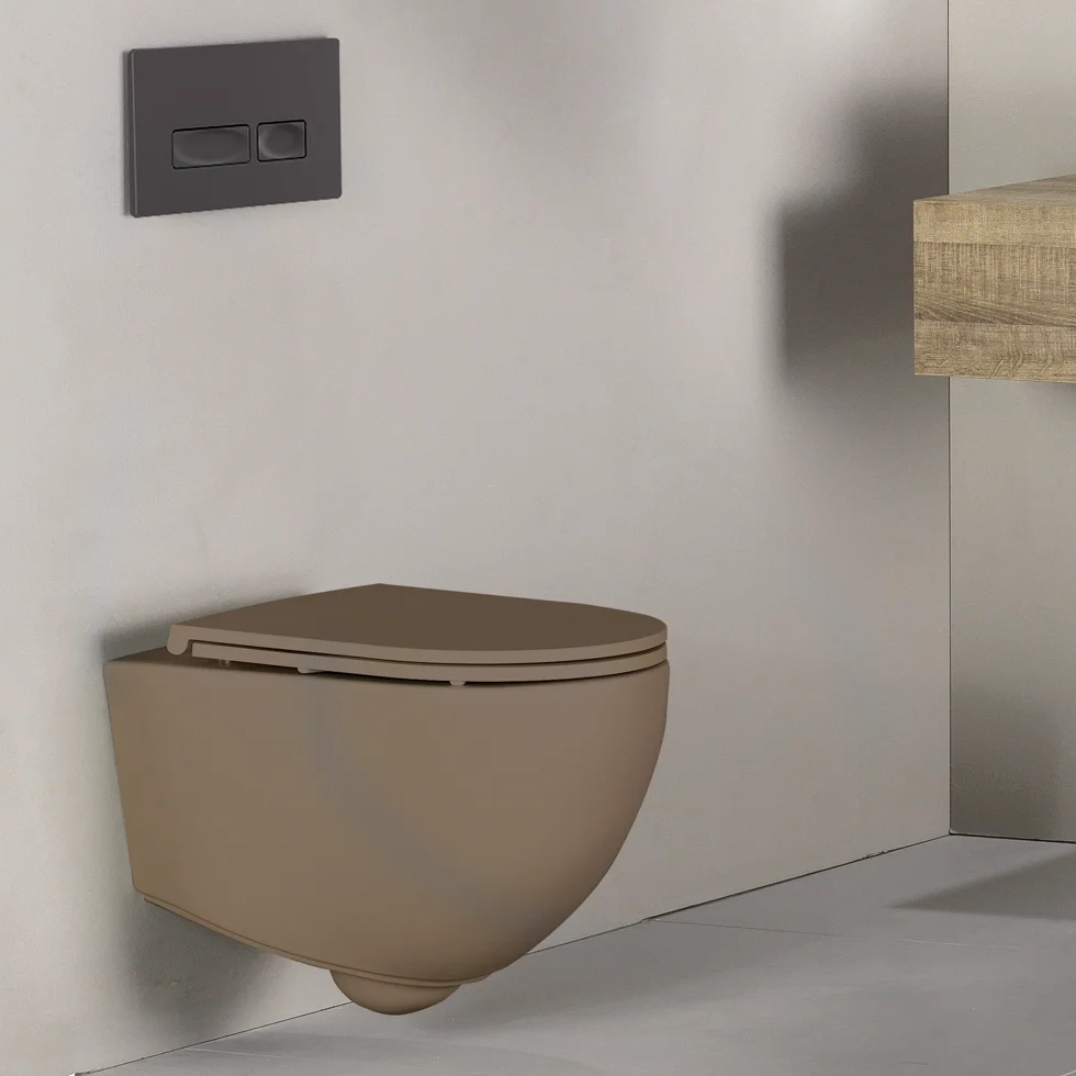 Φωτογραφία προϊόντος: Λεκάνη κρεμαστή με slim soft close καπάκι Bianco Ceramica Lenta Rimless 381600C-530 χρώμα καφέ ματ taupe matt