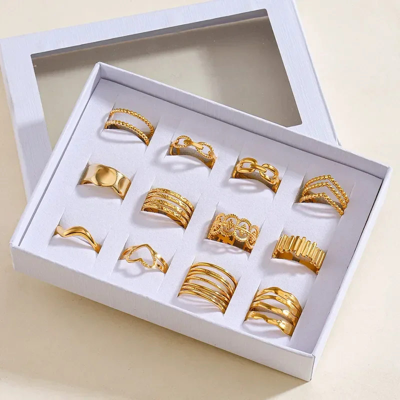 Φωτογραφία προϊόντος: Peach Jewelry Σετ 12 τεμ Δαχτυλίδια Απλό Στυλ Οβάλ Καρδιά Από Ανοξείδωτο Ατσάλι 304 Επιχρυσωμένο με Χρυσό 18K
