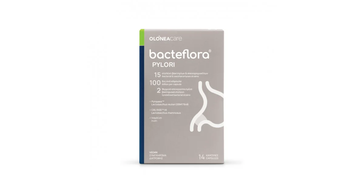 Φωτογραφία προϊόντος: Olonea Bacteflora Pylori Συμπλήρωμα με Προβιοτικά & Πρεβιοτικά για το Ελικοβακτηρίδιο του Πυλωρού 14 κάψουλες