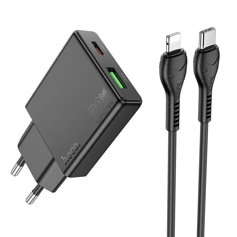 Φωτογραφία προϊόντος: Hoco Φορτιστής με Θύρες USB-C, USB-A και Καλώδιο Lightning 45W Μαύρος N38