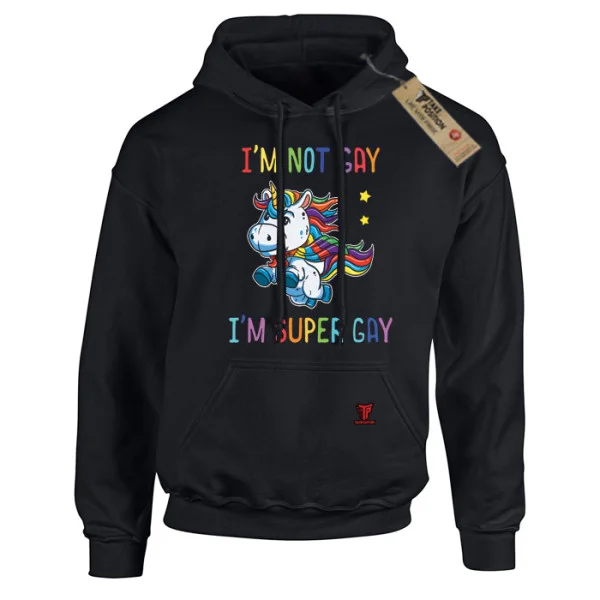 Φωτογραφία προϊόντος: Unisex Φούτερ με Κουκούλα Super Gay Μαύρο – Takeposition Pride Edition