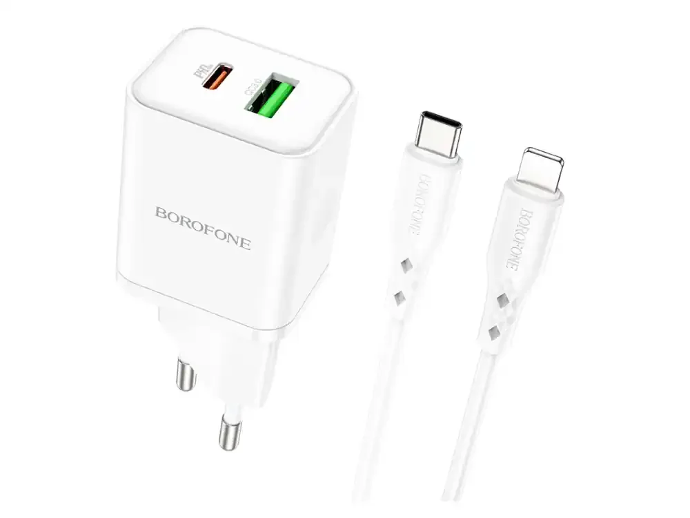 Φωτογραφία προϊόντος: Φορτιστής Borofone BN7 με Θύρα USB-A και Θύρα USB-C και Καλώδιο Lightning 20W Λευκό
