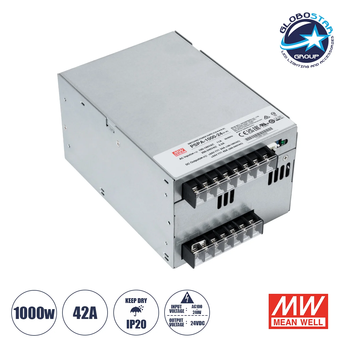 Φωτογραφία προϊόντος: GloboStar® PSPA-1000-24 90792 MEANWELL Ρυθμιζόμενο Μεταλλικό Τροφοδοτικό PELV για Προϊόντα LED 1000W 42A - AC 220-240V σε DC 24V - Ρυθμιζόμενο από 22VDC έως 28VDC - IP20 Μ17 x Π12