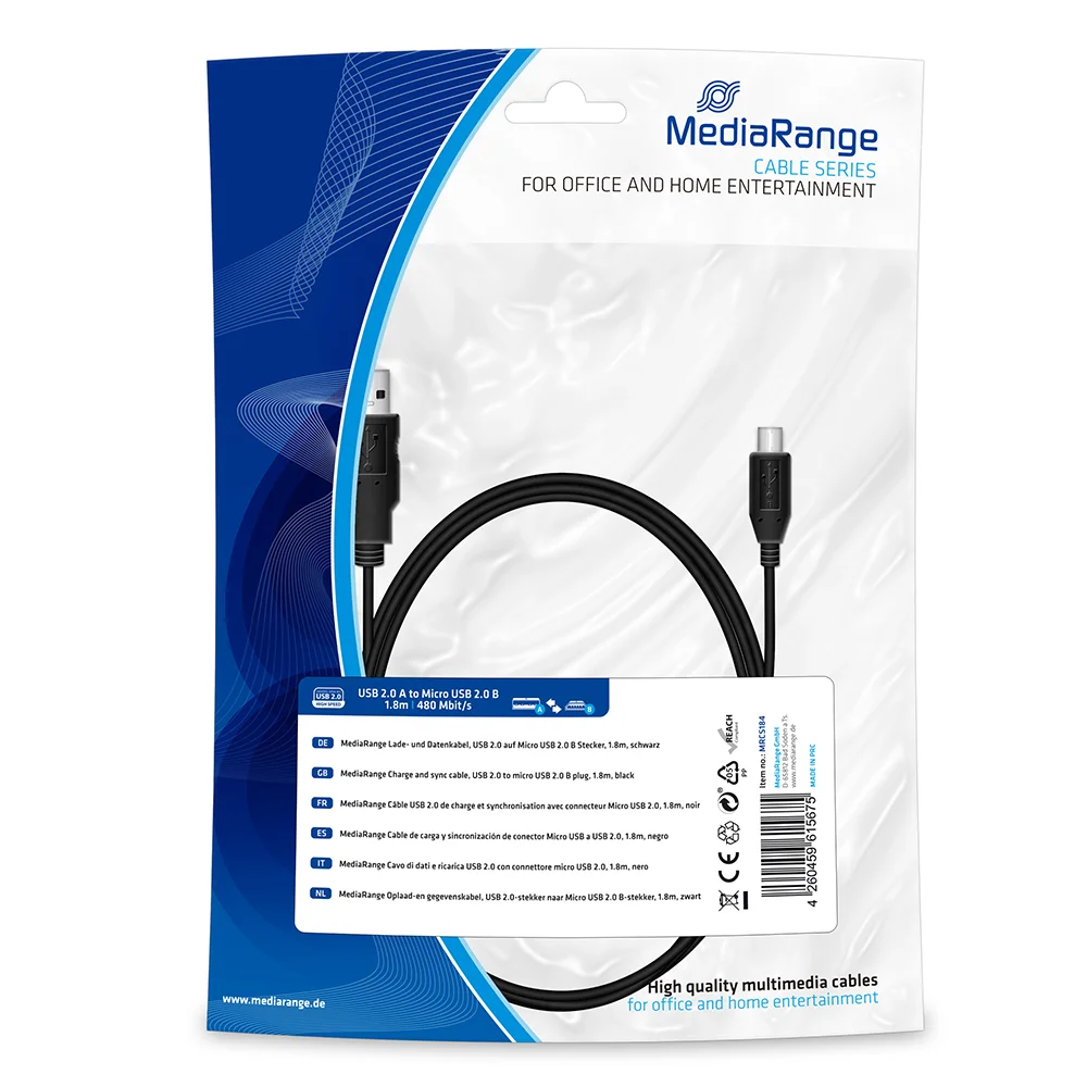 Φωτογραφία προϊόντος: Καλώδιο MediaRange Charge and sync, USB 2.0 to micro USB 2.0 B plug, 1.8m, black (MRCS184)