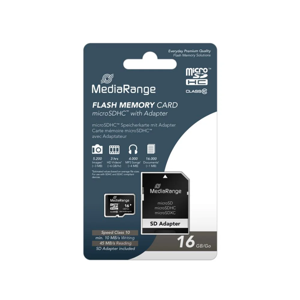 Φωτογραφία προϊόντος: MR SSD & USB FLASH DRIVES & MEMORY CARDS MediaRange Micro SDHC Class 10 With SD Adaptor 16 GB (High Capacity) (MR958)