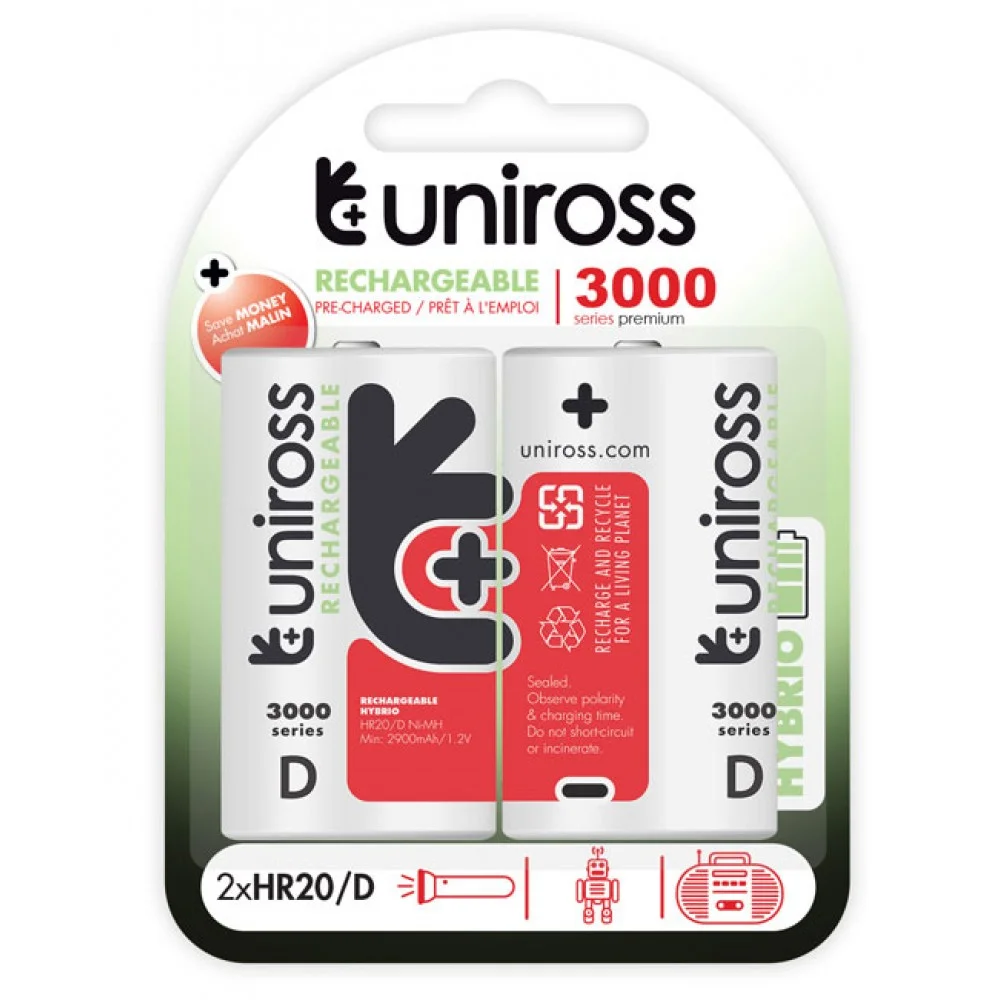 Φωτογραφία προϊόντος: Uniross HYBRIO επαναφορτιζόμενες μπαταρίες D 3000 NiMh