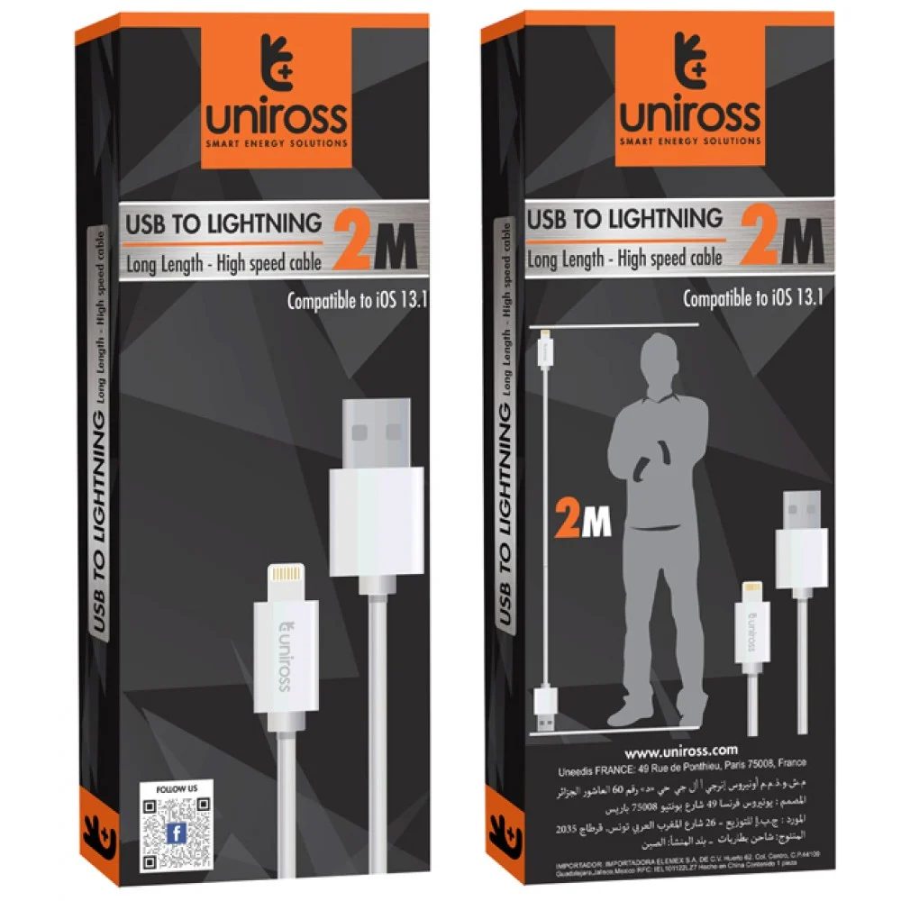 Φωτογραφία προϊόντος: Uniross Καλώδιο USB σε Lightning 2 μέτρα, High Speed, Συμβατό με όλες τις συσκευές