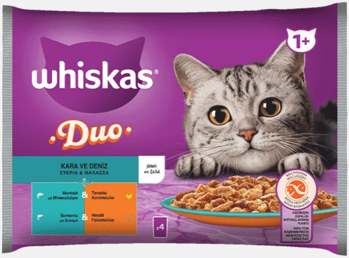 Φωτογραφία προϊόντος: Whiskas φακελάκι Duo με Μπακαλιάρο & Κοτόπουλο / Σολομό &Γαλοπούλα σε Ζελέ 4x85g WHISKAS (2058517)