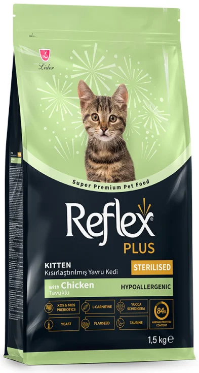 Φωτογραφία προϊόντος: Lider Reflex plus υποαλλεργική ξηρά τροφή για στειρωμένα γατάκια από 2-12 μηνών, με Κοτόπουλο 1,5kg LIDER (2071612)