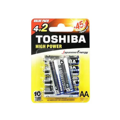 Φωτογραφία προϊόντος: TOSHIBA HIGH POWER ΑΛΚΑΛΙΚΕΣ ΜΠΑΤΑΡΙΕΣ ΑΑ 1.5V 4+2 TEMAXIA 6 LR6GCP BP-6 2F