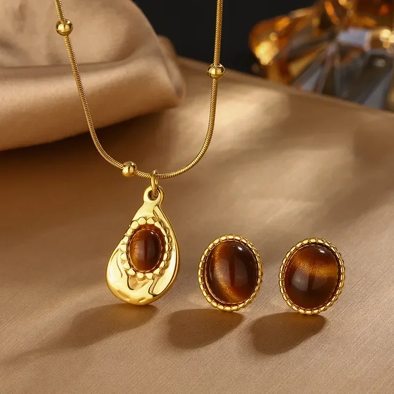Φωτογραφία προϊόντος: Peach Jewelry Σετ Κοσμημάτων Ρετρό Στυλ Κλασικό Γεωμετρικό Από Ανοξείδωτο Ατσάλι 304 Με Ρητίνη Επιχρυσωμένο 18K