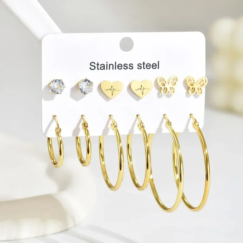 Φωτογραφία προϊόντος: Peach Jewelry Σετ 6 τεμ Σκουλαρικιών Στυλ Καρδιά Πεταλούδα Κίρκοι Χρυσό Από Ανοξείδωτο Ατσάλι 316
