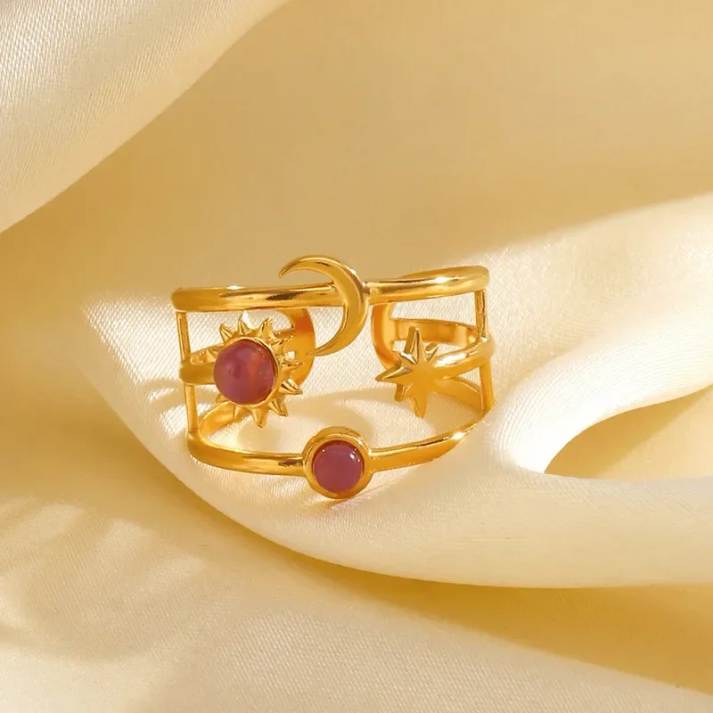 Φωτογραφία προϊόντος: Peach Jewelry Δαχτυλίδι IG Στυλ Σχέδιο Ήλιος, Αστέρι, Σελήνη Χρώμα Χρυσό Από Ανοξείδωτο Ατσάλι 304 με Ρητίνη ρυθμιζόμενο