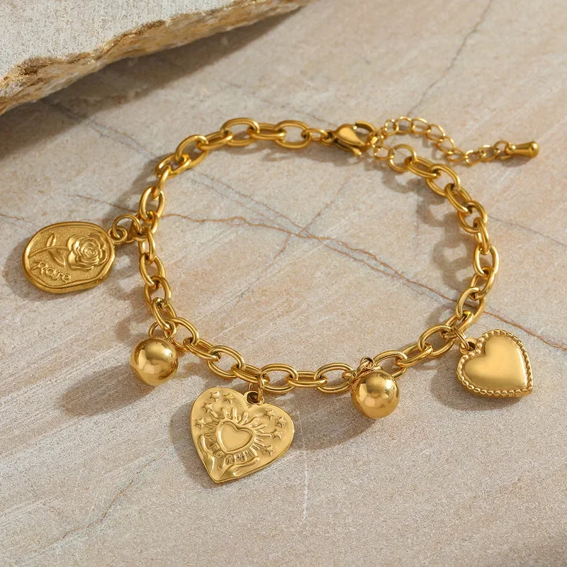 Φωτογραφία προϊόντος: Peach Jewelry Βραχιόλι Με Καρδούλες Και Οβάλ Τριαντάφυλλο Ανάγλυφο Ανοξείδωτο Ατσάλι 316 Επιχρυσωμένο