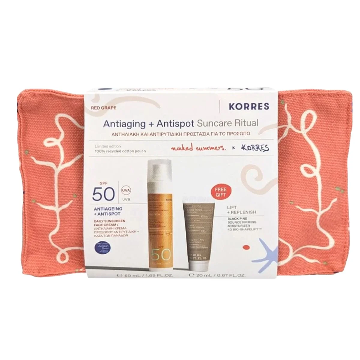 Φωτογραφία προϊόντος: korres,Korres Promo Packs,Korres Sun Care Korres Promo Red Grape Sunscreen Face Cream Spf50 50ml & ΔΩΡΟ Black Pine Bounce Firming Moisturizer 20ml & Νεσεσέρ 1σετ