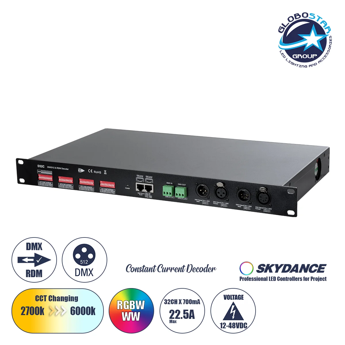 Φωτογραφία προϊόντος: GloboStar® 71570 D32C SKYDANCE DC DMX + RDM Dimmer High Speed Controller / Constant Current Decoder 32 Καναλιών DC 12-48V 32 x 700mA 34W - Max 22.5A 1075W - IP20 Μ48 x Π26 x Υ5cm -