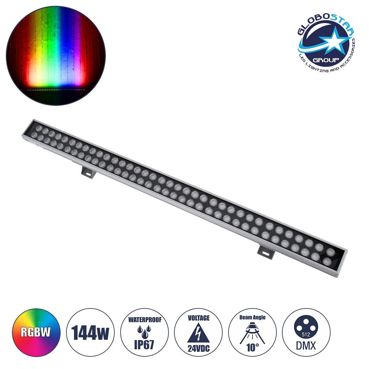 Φωτογραφία προϊόντος: GloboStar® WASHER-GAIA 90216 Μπάρα Φωτισμού Wall Washer LED 144W 12240lm 10° DC 24V Αδιάβροχο IP67 L100 x W7.3 x H4.3cm RGBW DMX512 - Ασημί - 3 Years Warranty