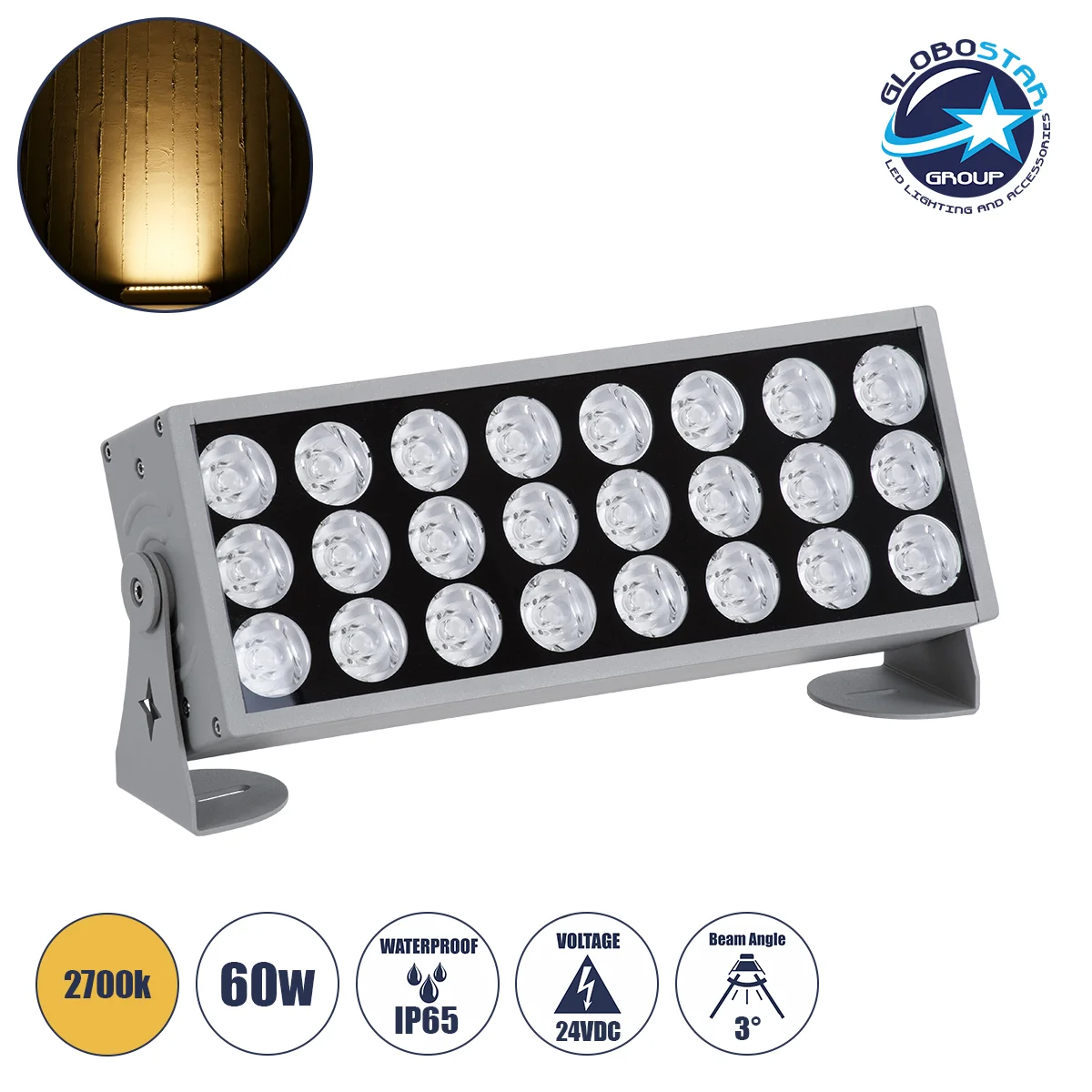 Φωτογραφία προϊόντος: GloboStar® FLOOD-ZENA 90219 Προβολέας Wall Washer για Φωτισμό Κτιρίων LED 60W 5400lm 3° DC 24V Αδιάβροχο IP65 L37 x W9 x H26.5cm Θερμό Λευκό 2700K - Ασημί - 3 Years Warranty