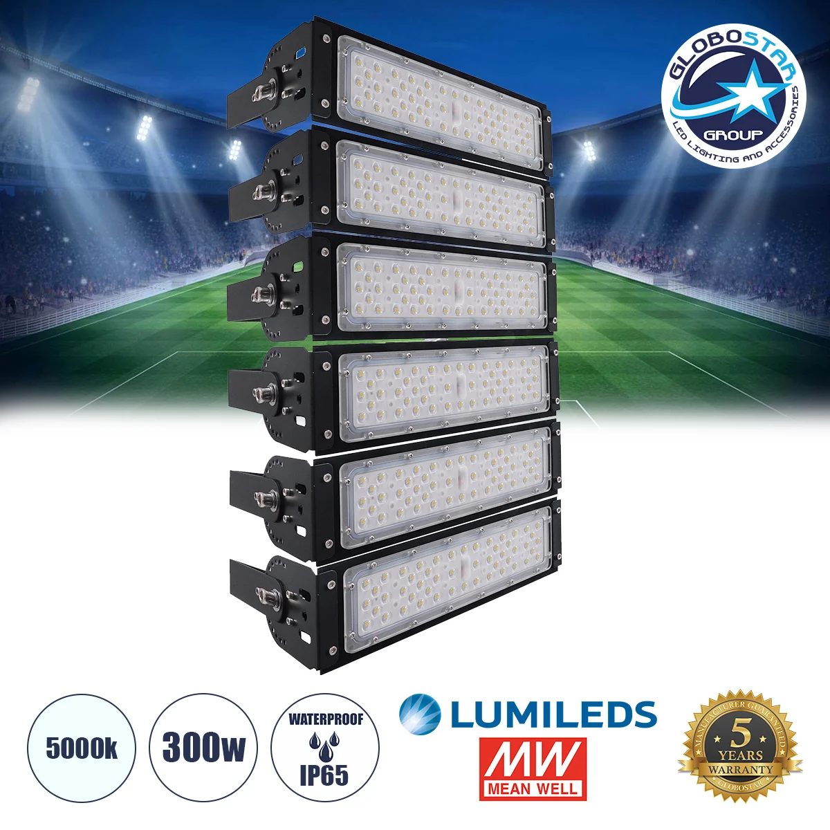 Φωτογραφία προϊόντος: GloboStar® GOLIATH 90100-6 LED Προβολέας Γηπέδου - Φωτιστικό Tunnel 300W 48000LM 75°*135° AC 100-277V IP65 - Ψυχρό Λευκό 5000K - MeanWell Driver + LumiLEDs Chip - 5 Years Warranty