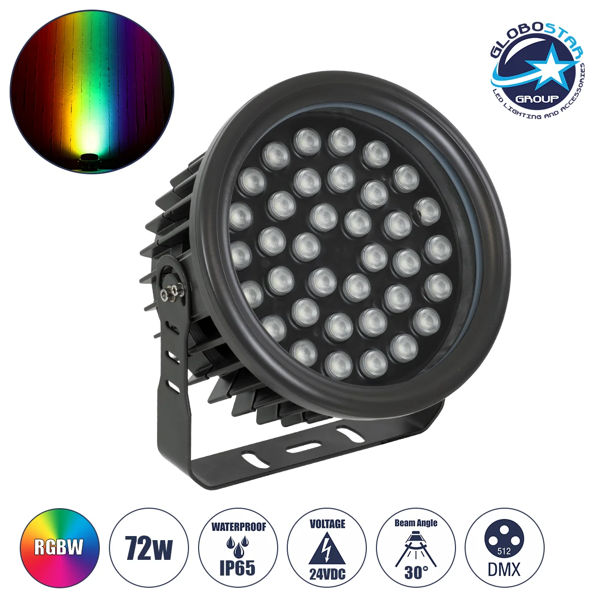 Φωτογραφία προϊόντος: GloboStar® FLOOD-NEVA 90400 Προβολέας Wall Washer για Φωτισμό Κτιρίων LED 72W 6120lm 30° DC 24V Αδιάβροχο IP65 L24.5 x W24.5 x H14.7cm RGBW DMX512 - Μαύρο - 3 Years Warranty