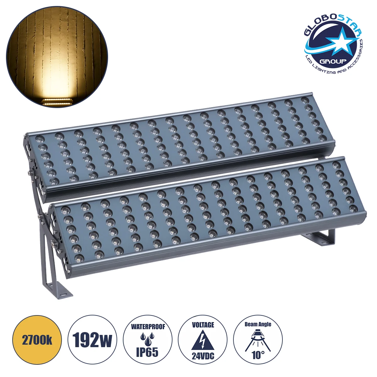 Φωτογραφία προϊόντος: GloboStar® FLOOD-TENA 90225 Προβολέας Wall Washer για Φωτισμό Κτιρίων LED 192W 17280lm 10° DC 24V Αδιάβροχο IP65 L68.5 x W33 x H24cm Θερμό Λευκό 2700K - Ασημί - 3 Years Warranty