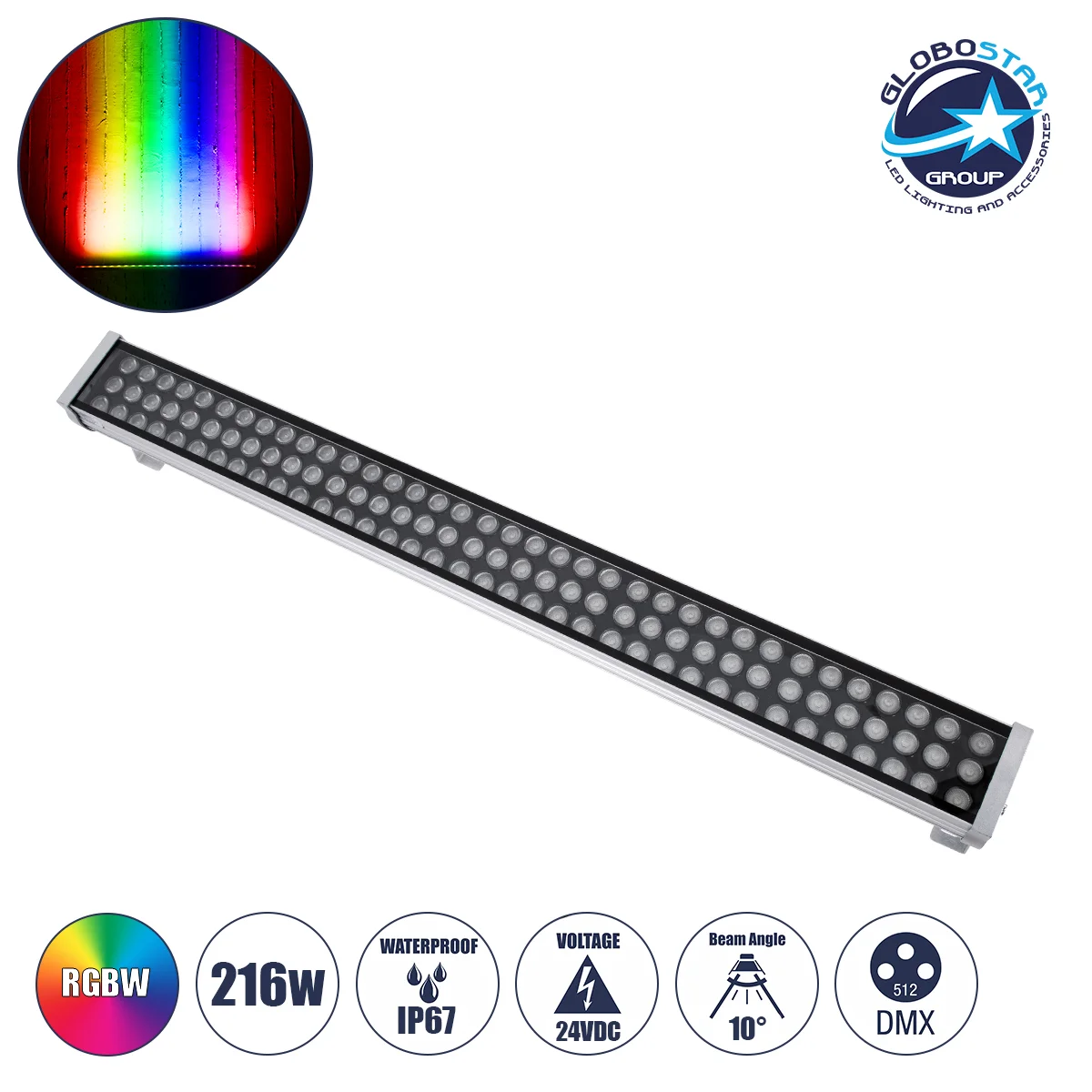 Φωτογραφία προϊόντος: GloboStar® WASHER-GAIA 90218 Μπάρα Φωτισμού Wall Washer LED 216W 18360lm 10° DC 24V Αδιάβροχο IP67 L100 x W10.2 x H9.5cm RGBW DMX512 - Ασημί - 3 Years Warranty