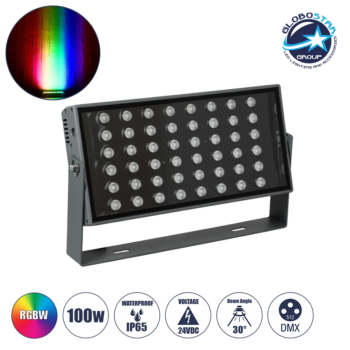 Φωτογραφία προϊόντος: GloboStar® FLOOD-ZANA 90559 Προβολέας Wall Washer για Φωτισμό Κτιρίων LED 100W 8500lm 30° DC 24V Αδιάβροχο IP65 Μ45.5 x Π28 x Υ10cm RGBW DMX512 - Γκρι Ανθρακί - 3 Years Warranty