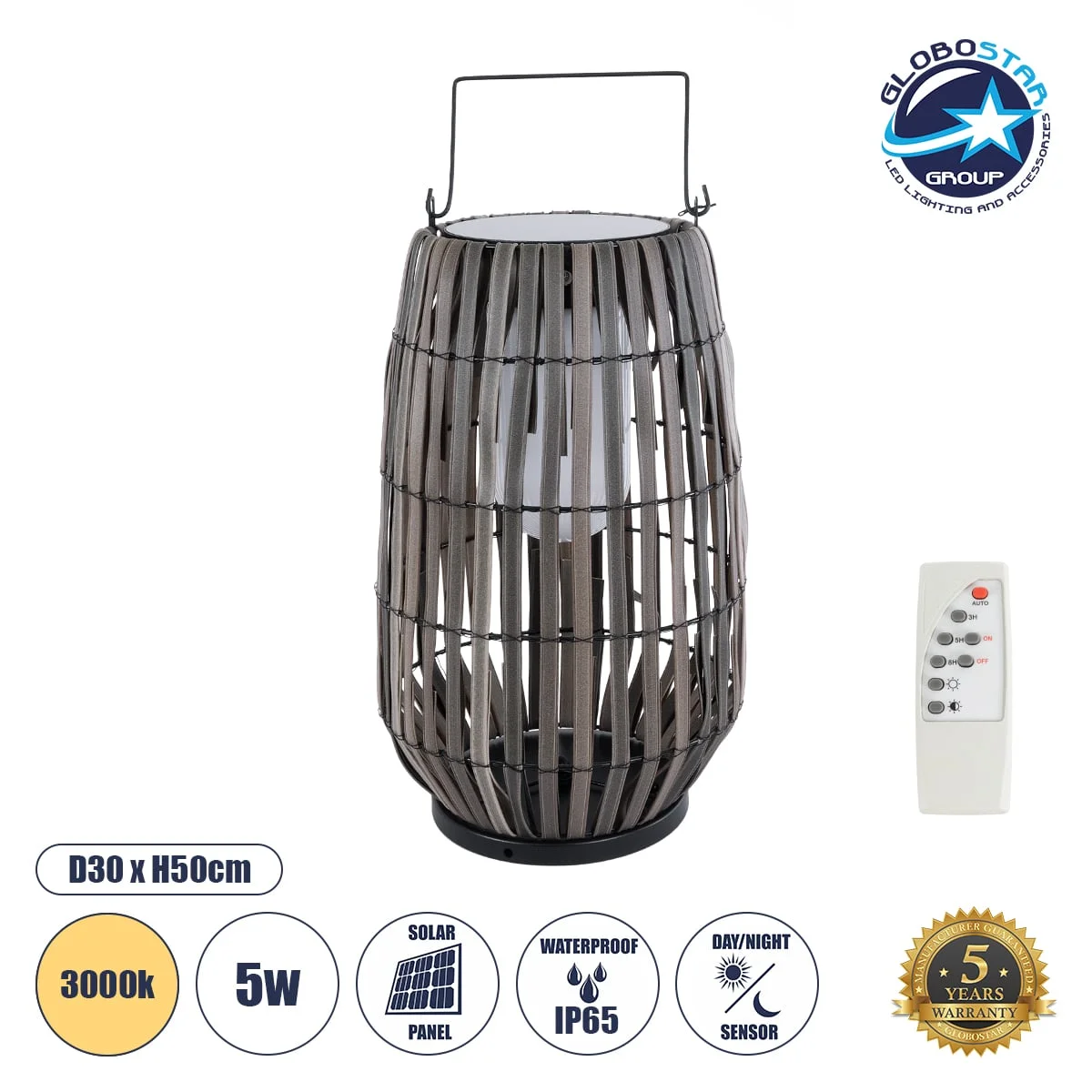 Φωτογραφία προϊόντος: GloboStar® NETLEY 02306 Boho Αυτόνομο Ηλιακό Κρεμαστό/Επιτραπέζιο Φωτιστικό Φαναράκι LED SMD 5W 200lm - Φ30 x Υ50cm - με Ενσωματωμένη Μπαταρία 600mAh - Φωτοβολταϊκό Πάνελ και Αισθη