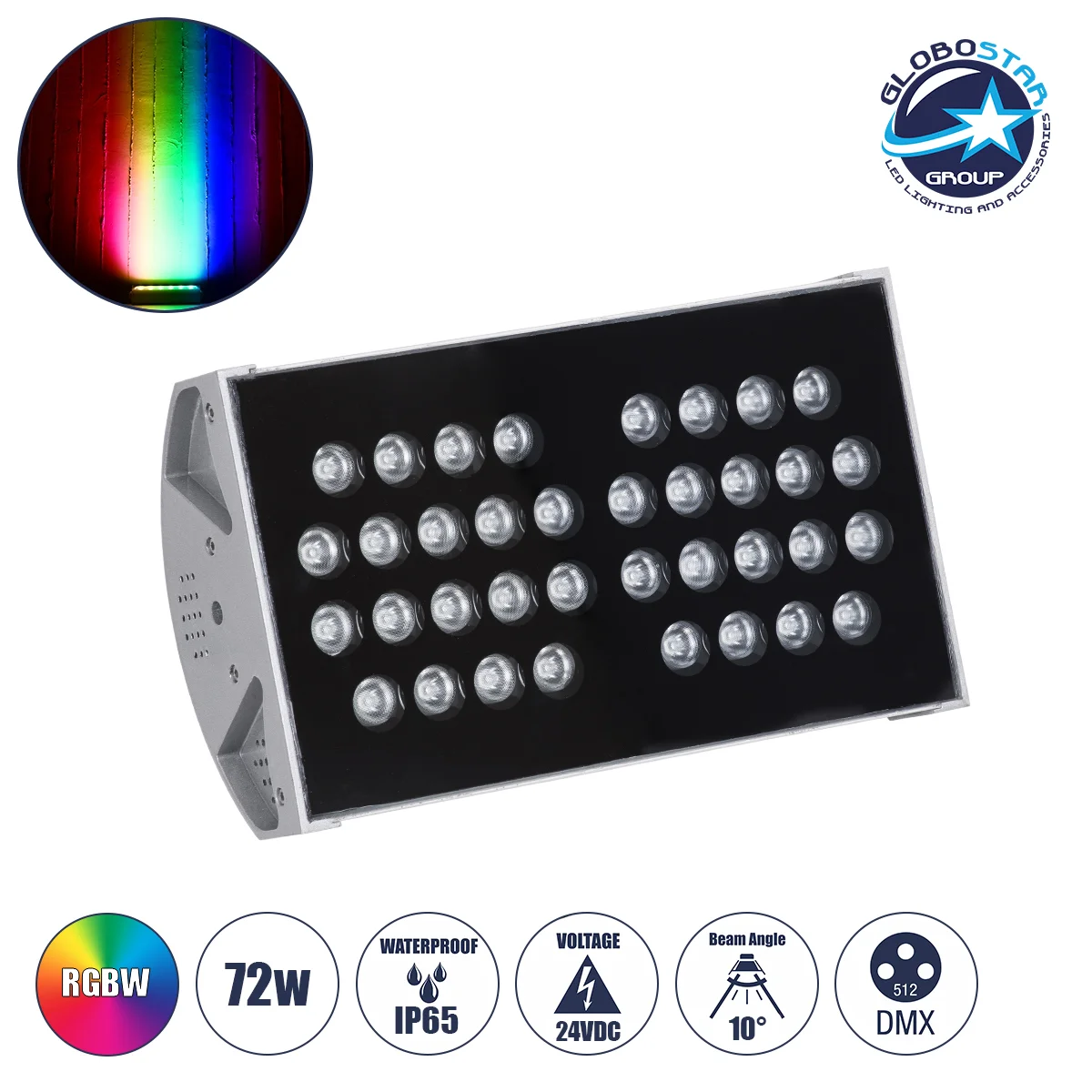Φωτογραφία προϊόντος: GloboStar® FLOOD-TENA 90222 Προβολέας Wall Washer για Φωτισμό Κτιρίων LED 72W 6120lm 10° DC 24V Αδιάβροχο IP65 L29.8 x W15.5 x H18cm RGBW DMX512 - Ασημί - 3 Years Warranty