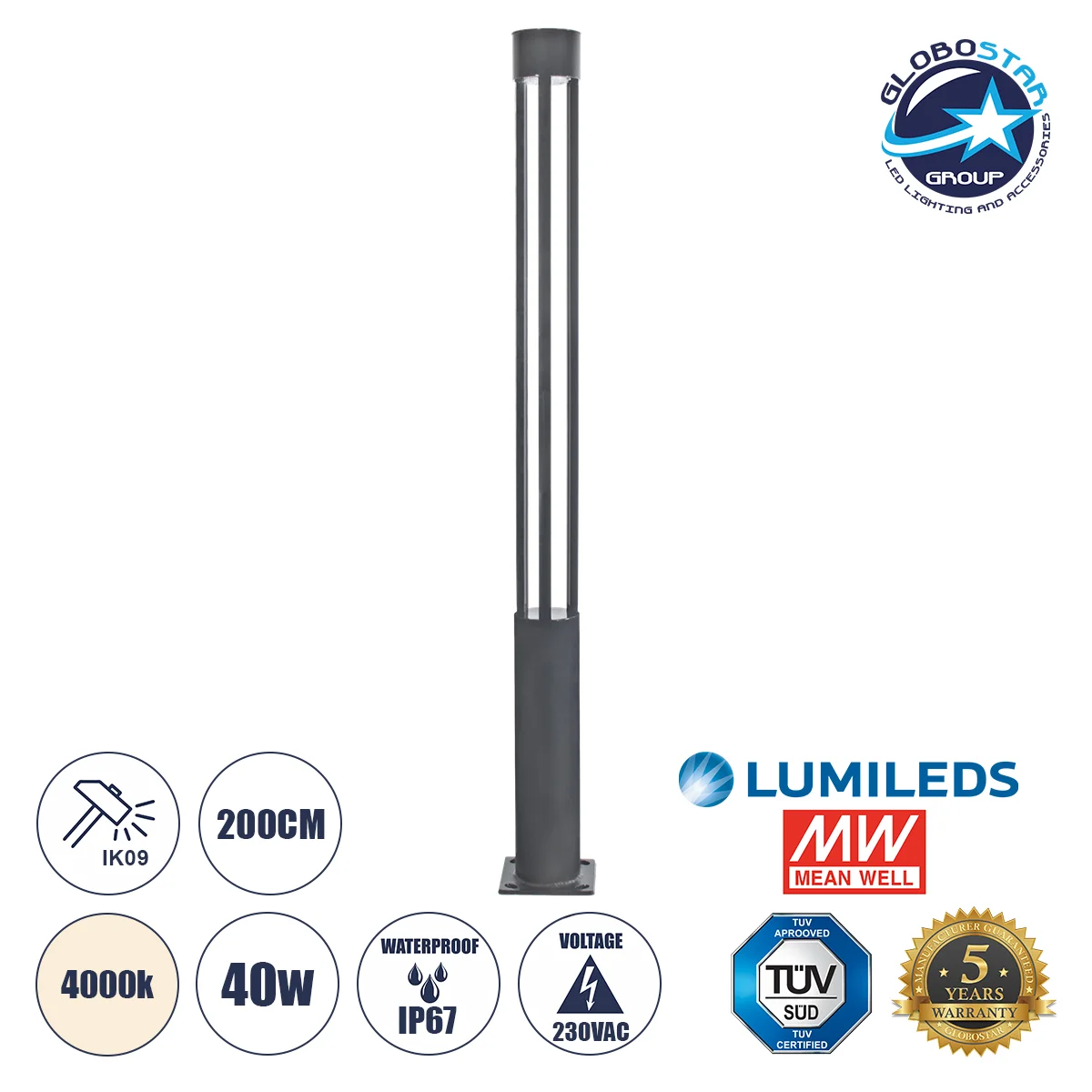 Φωτογραφία προϊόντος: GloboStar® CANCUN 61509 Urban Light Φωτιστικό Πάρκου - Πλατείας - Κήπου Ύψους 2 μέτρων LED 40W 5440lm 60° AC100-240VAC IP67 IK09 - D15.5 x H200cm - Anthracite Grey - Φυσικό Λευκό 4