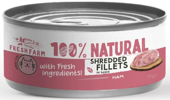 Φωτογραφία προϊόντος: Fresh Farm Πλήρης υγρή τροφή για ενήλικες γάτες με τεμαχισμένα φιλέτα από χοιρομέρι σε σάλτσα 70gr FRESH FARM (2069285)