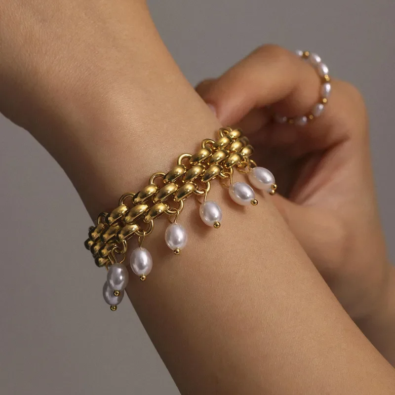 Φωτογραφία προϊόντος: Peach Jewelry Βραχιόλι Φαρδιά Αλυσίδα Σειρά Με Πέρλες Ανοξείδωτο Ατσάλι 316 Επιχρυσωμένο