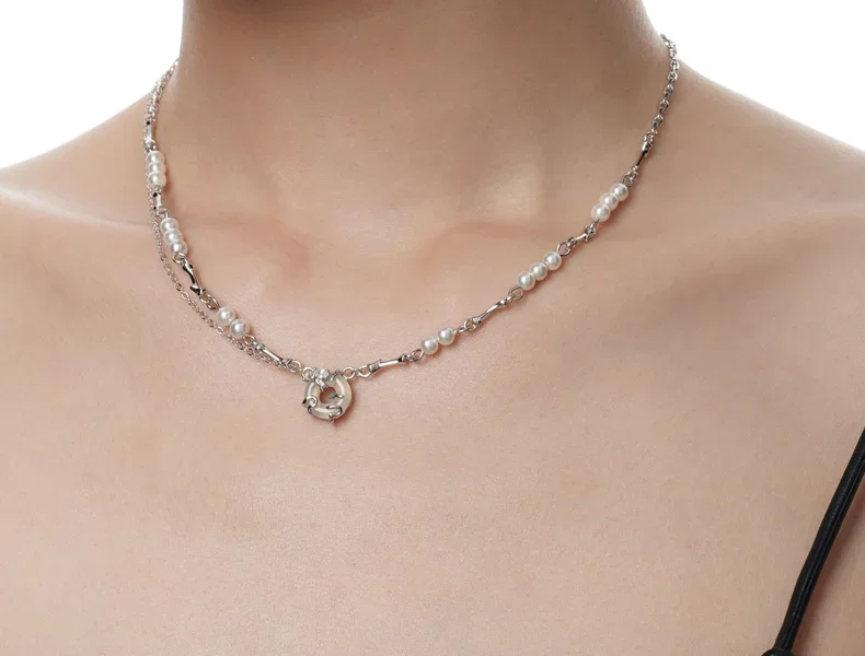 Φωτογραφία προϊόντος: Peach Jewelry Isabella Κολιέ Ασήμι 925 Ρόδιο Διπλό Με Τετράγωνα Λευκά Ζιρκόνια Φυσικές Πέρλες Και Λίθο Αχάτη
