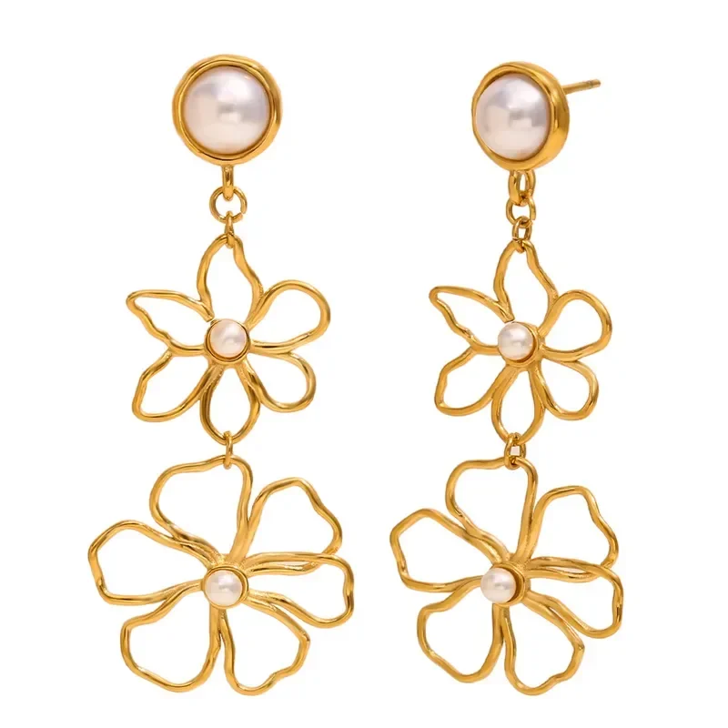 Φωτογραφία προϊόντος: Peach Jewelry Σκουλαρίκια Κλασικό Στυλ Λουλούδι με πέρλα Χρώμα Χρυσό από Ανοξείδωτο Ατσάλι 316L