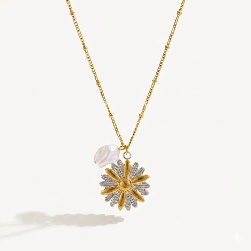 Φωτογραφία προϊόντος: Peach Jewelry Μενταγιόν Λουλούδι Ασημί Και Χρυσό Με Διακοσμητική Πέρλα Και Ball Chain Ανοξείδωτο Ατσάλι 316 Επιχρυσωμένο