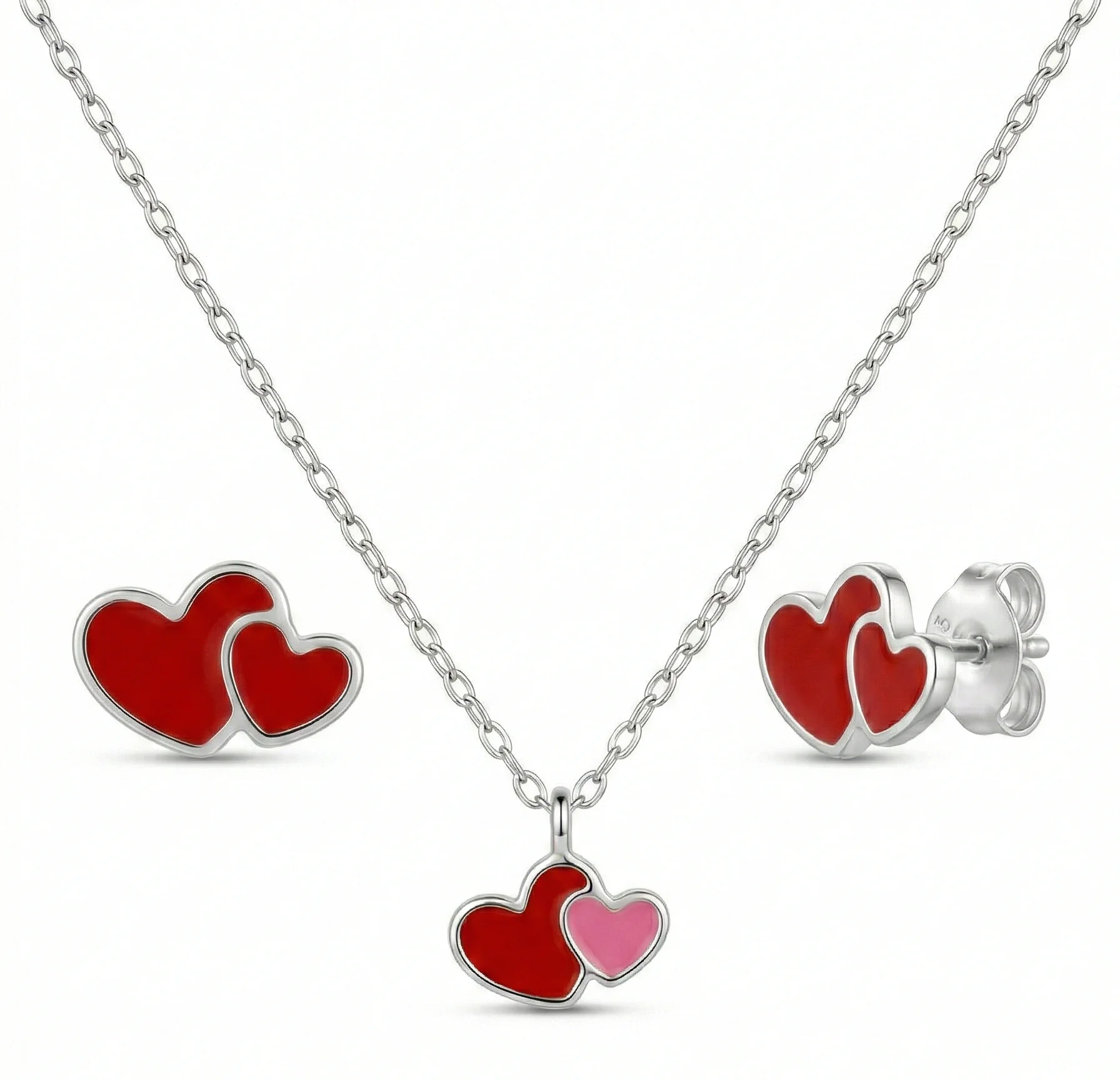 Φωτογραφία προϊόντος: Peach Jewelry PeachJewelry: Σετ Διπλή Καρδιά – Ασημένιο Κολιέ & Σκουλαρίκια με Κόκκινο Σμάλτο