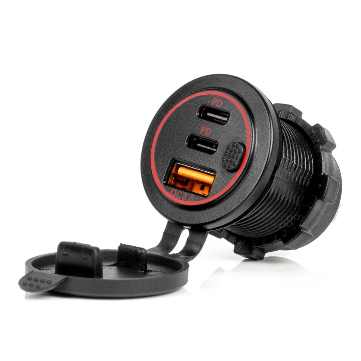 Φωτογραφία προϊόντος: AMIO ΠΡΙΖΑ ΜΕ 3 ΘΥΡΕΣ(USB+2xUSB-C) ΜΕ ΔΙΑΚΟΠΤΗ ΚΑΙ ΚΑΠΑΚΙ 12/24V QUICK CHARGE 3.0 ΑΔΙΑΒΡΟΧΗ ΜΑΥΡΗ AMIO - 1 Τεμ. 04227/AM