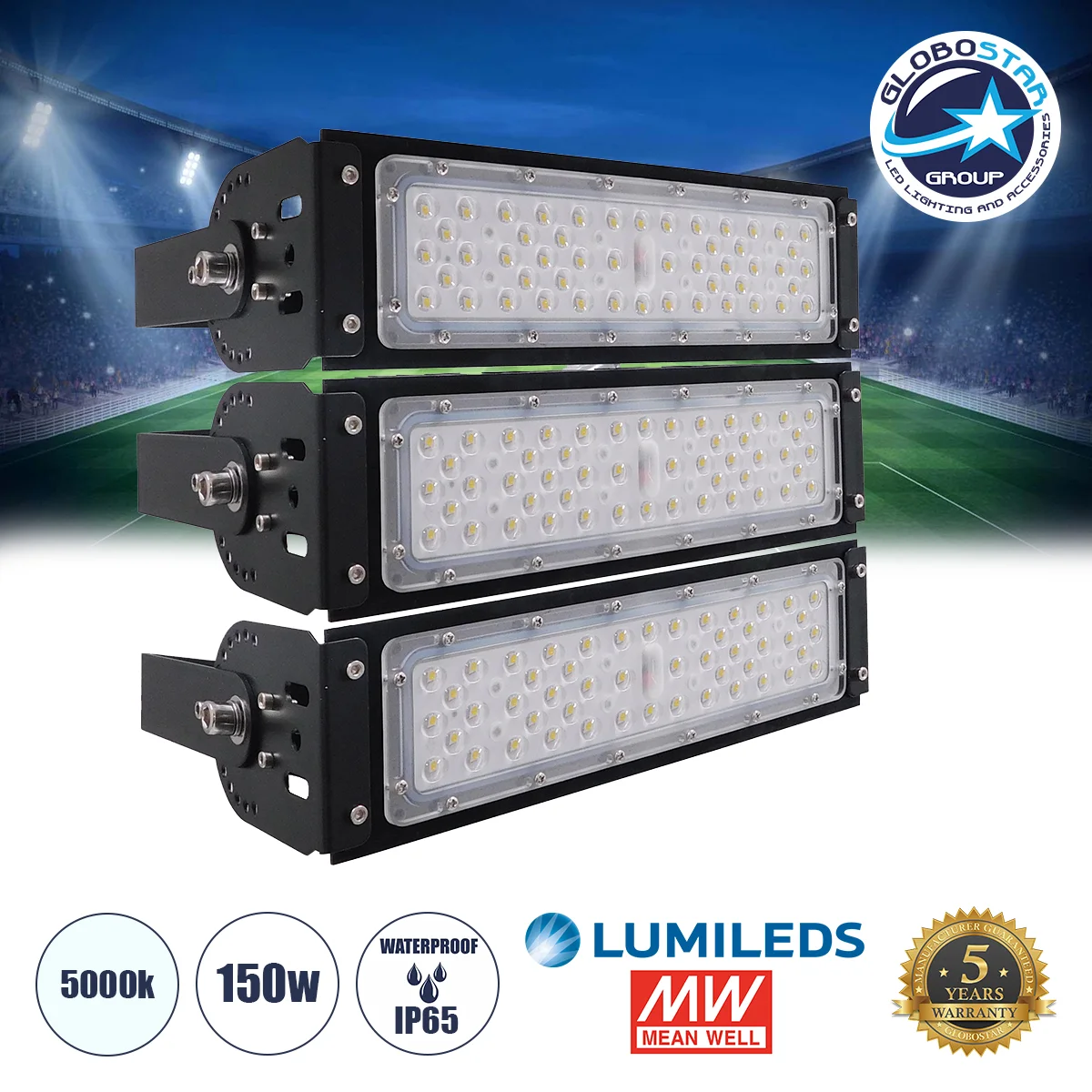 Φωτογραφία προϊόντος: GloboStar® GOLIATH 90100-3 LED Προβολέας Γηπέδου - Φωτιστικό Tunnel 150W 24000LM 75°*135° AC 100-277V IP65 - Ψυχρό Λευκό 5000K - MeanWell Driver + LumiLEDs Chip - 5 Years Warranty