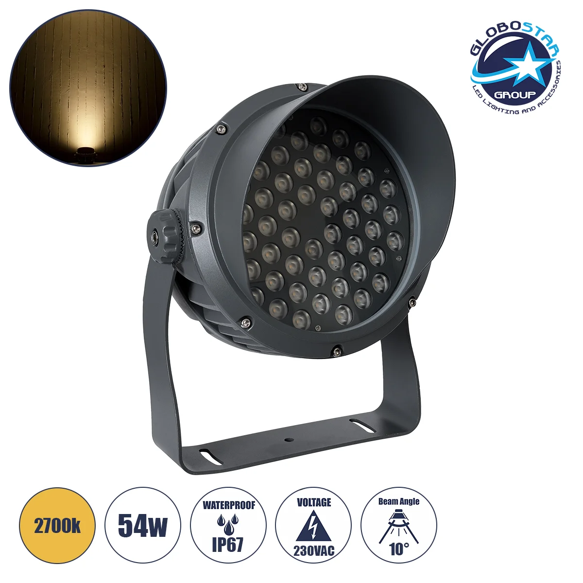 Φωτογραφία προϊόντος: GloboStar® FLOOD-DIMO 90743 Προβολέας Wall Washer με Αντιθαμβωτική Γρίλια για Φωτισμό Κτιρίων LED 54W 4860lm 10° AC 220-240V Αδιάβροχο IP67 Μ26 x Π28 x Υ35cm Θερμό Λευκό 2700K - Γκ