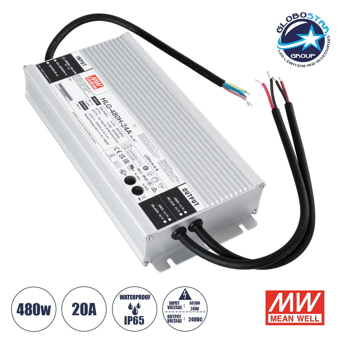 Φωτογραφία προϊόντος: GloboStar® HLG-480H-24A 90795 MEANWELL Αδιάβροχο Ρυθμιζόμενο Μεταλλικό Τροφοδοτικό SELV για Προϊόντα LED 480W 20A - AC 220-240V σε DC 24V - Ρυθμιζόμενο από 20.4VDC έως 25.2VDC - Αδ