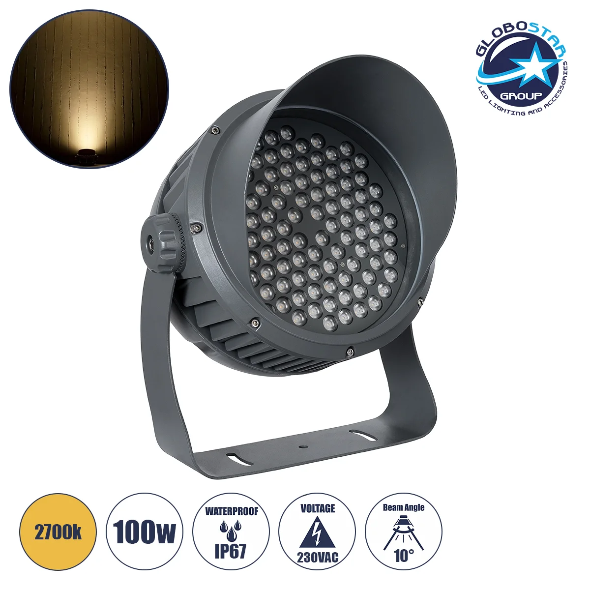 Φωτογραφία προϊόντος: GloboStar® FLOOD-DIMO 90746 Προβολέας Wall Washer με Αντιθαμβωτική Γρίλια για Φωτισμό Κτιρίων LED 100W 9000lm 10° AC 220-240V Αδιάβροχο IP67 Μ34 x Π36 x Υ44cm Θερμό Λευκό 2700K - Γ