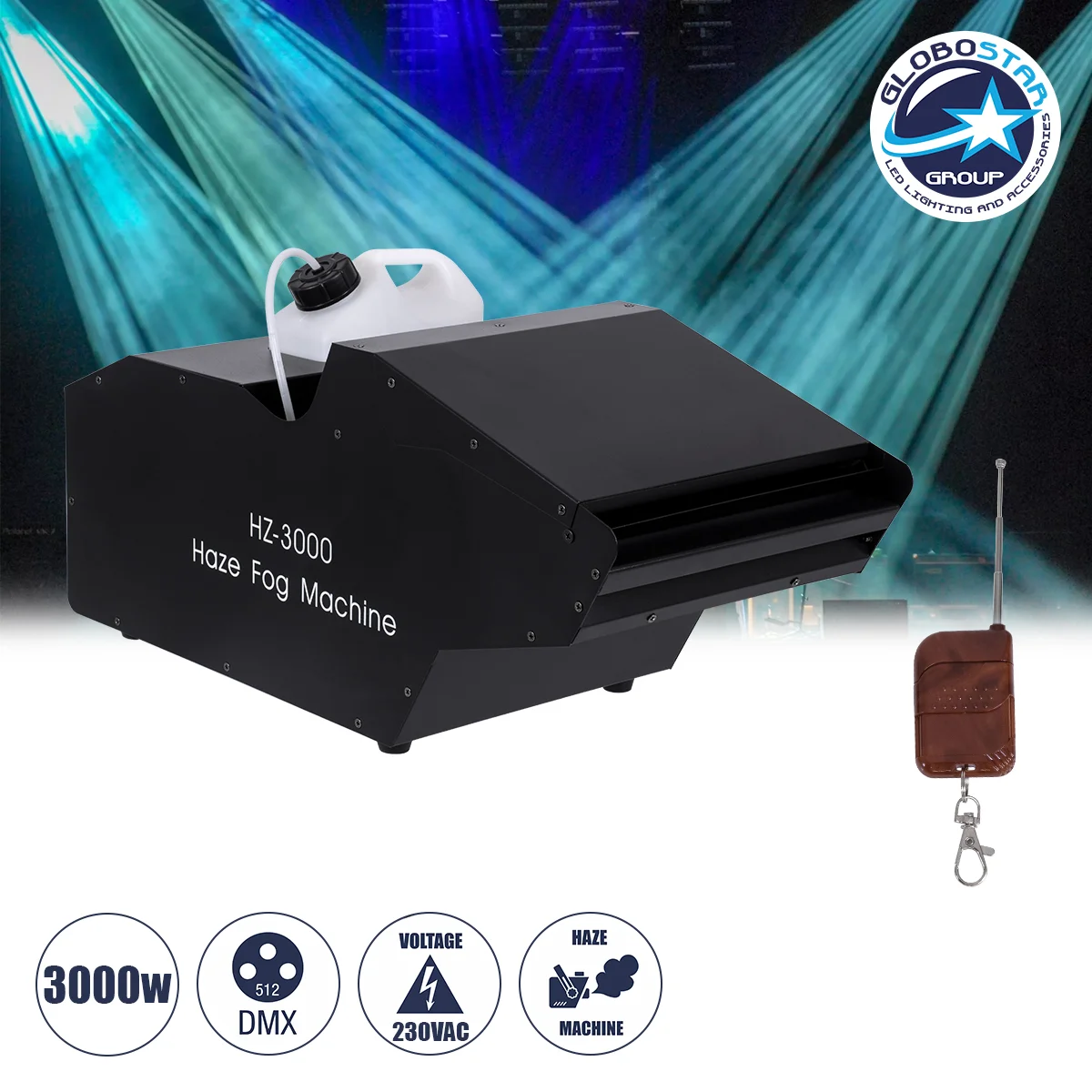 Φωτογραφία προϊόντος: GloboStar® 51173 GRIFFIN Επαγγελματική Επιδαπέδια Μηχανή Haze Machine - Εφέ Ομίχλης-Νέφωσης 3000W AC 220V-240V DMX512 Display on Body + Ασύρματο Χειριστήριο - Μαύρο - L66 x W28.5 x