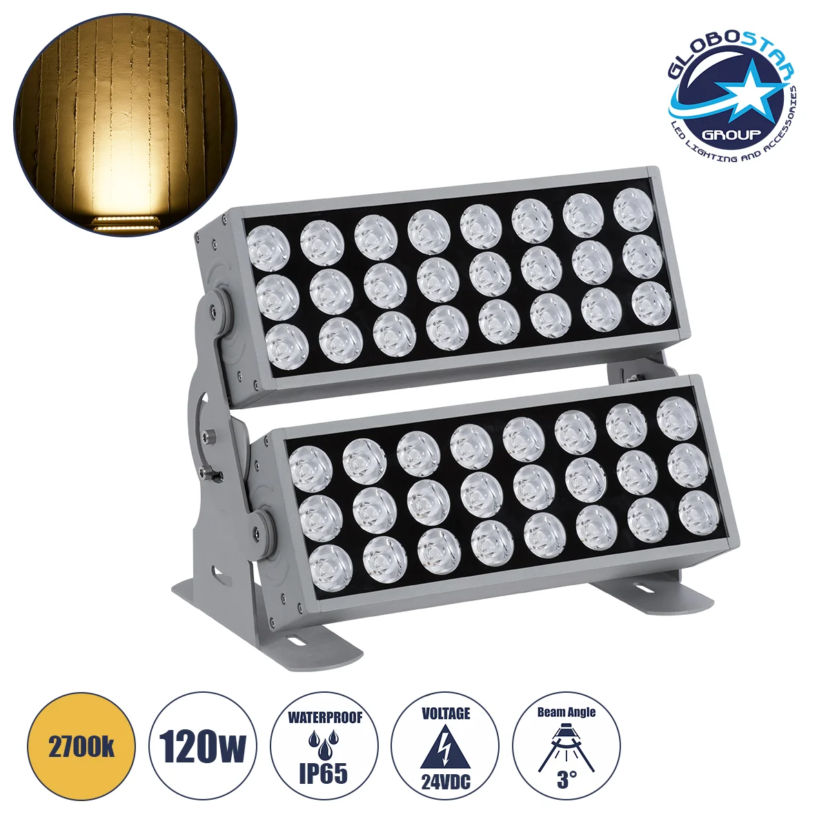 Φωτογραφία προϊόντος: GloboStar® FLOOD-ZENA 90220 Προβολέας Wall Washer για Φωτισμό Κτιρίων LED 120W 10800lm 3° DC 24V Αδιάβροχο IP65 L38 x W30.5 x H24cm Θερμό Λευκό 2700K - Ασημί - 3 Years Warranty
