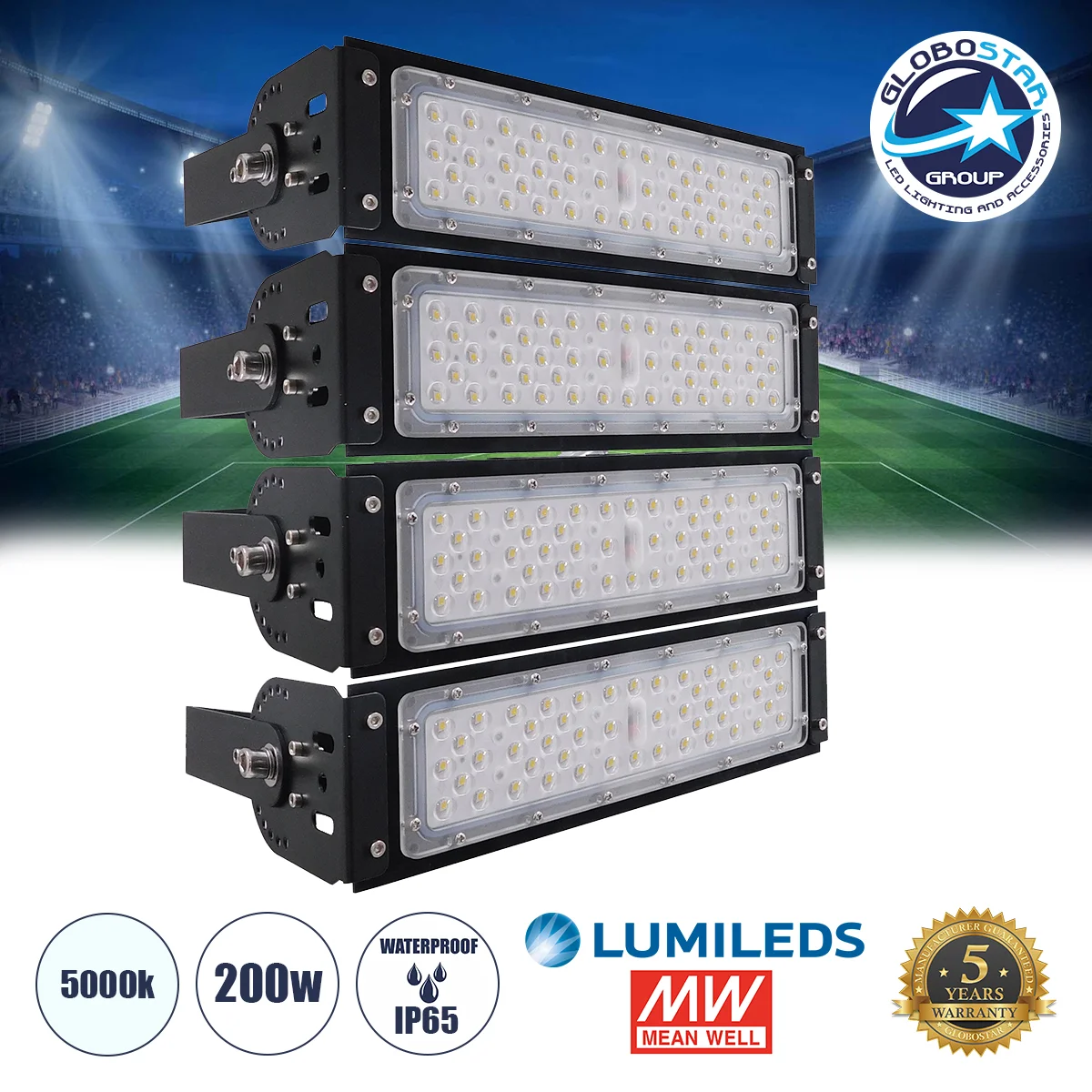 Φωτογραφία προϊόντος: GloboStar® GOLIATH 90100-4 LED Προβολέας Γηπέδου - Φωτιστικό Tunnel 200W 32000LM 75°*135° AC 100-277V IP65 - Ψυχρό Λευκό 5000K - MeanWell Driver + LumiLEDs Chip - 5 Years Warranty