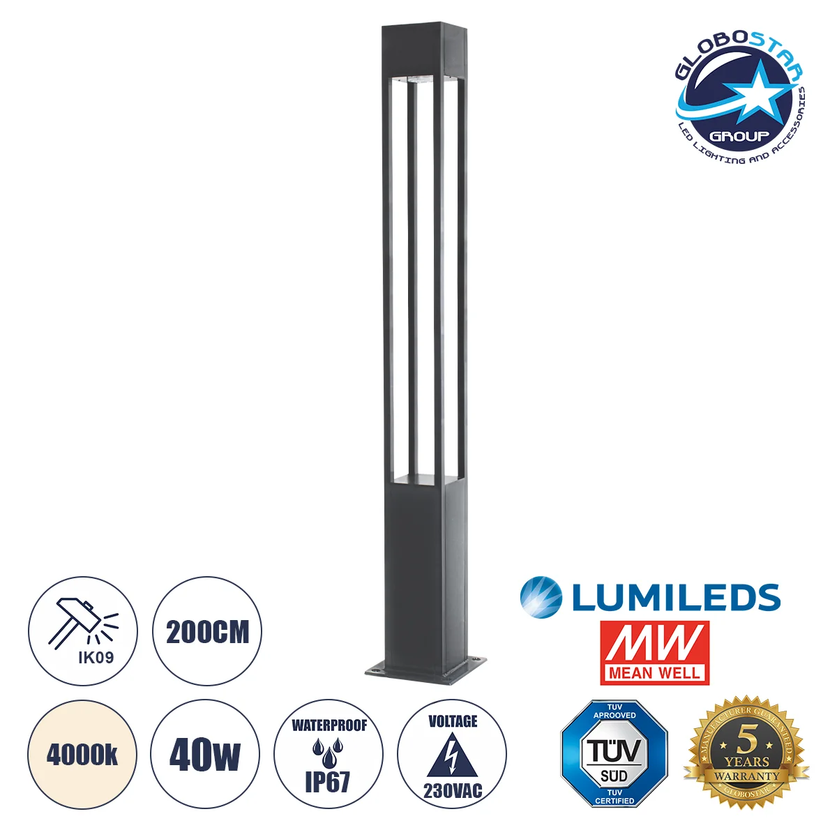 Φωτογραφία προϊόντος: GloboStar® MONTERREY 61511 Urban Light Φωτιστικό Πάρκου - Πλατείας - Κήπου Ύψους 2 μέτρων LED 40W 5440lm 60° AC100-240VAC IP67 IK09 - Μ20 x Π20 x Υ200cm - Anthracite Grey - Φυσικό