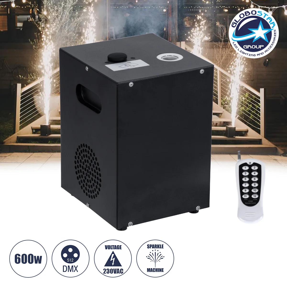 Φωτογραφία προϊόντος: GloboStar® 51148 SIRENS Επαγγελματική Επιδαπέδια Μηχανή Cold Sparkle Machine - Fountain Εφέ με Άκαυστες Σπίθες 600W AC 220V-240V DMX512 Display on Body - Μαύρο - L18 x W16.5 x H24c
