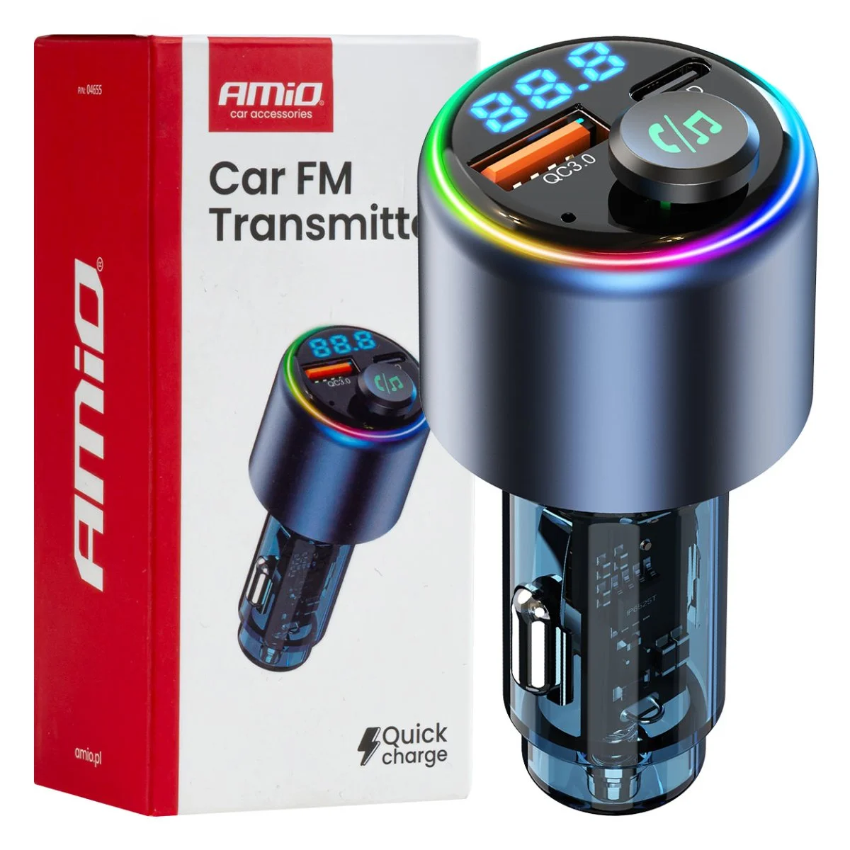 Φωτογραφία προϊόντος: AMIO Amio - FM Transmitter Αυτοκινήτου 12/24V με 1xUSB Type-A και 1xUSB Type-C - 1 τεμ. (04655/AM) 04655/AM