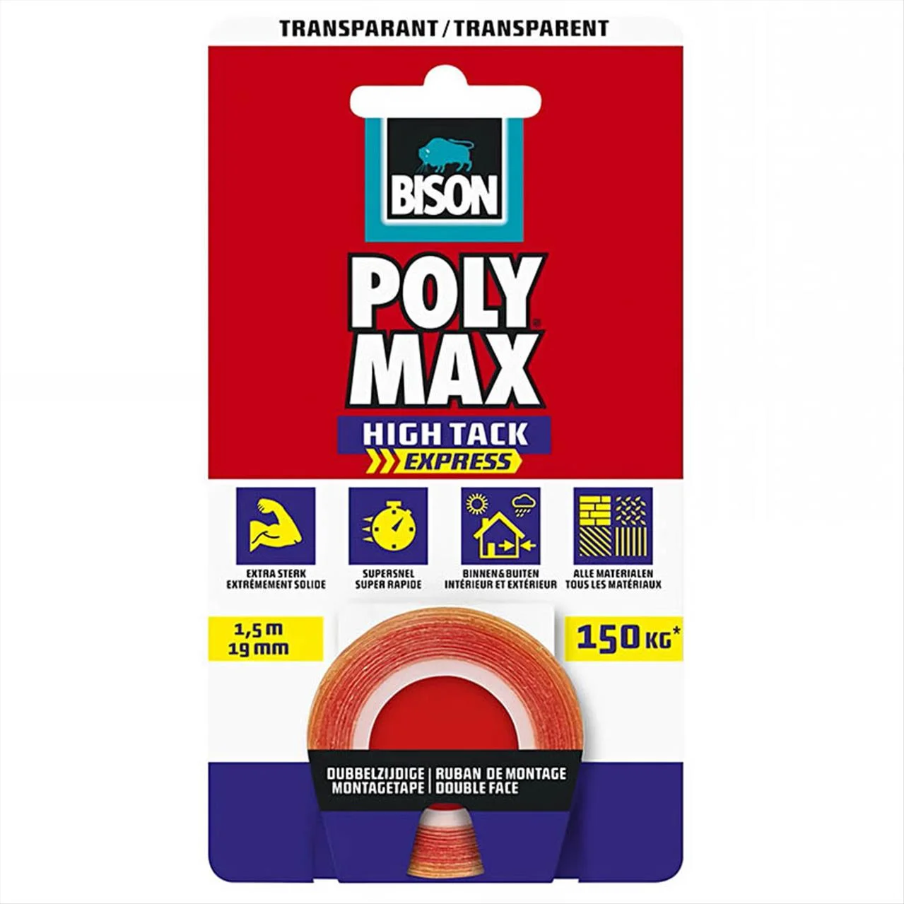 Φωτογραφία προϊόντος: BISON Tαινία Διπλής Όψης Polymax Τape 19mm x 1.5m Διάφανη - 7004400